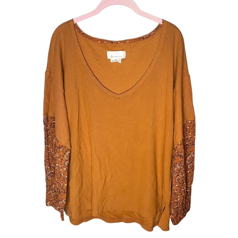 Anthropologie Annette Waffle Long Sleeve Thermal Floral Print Top Size Medium